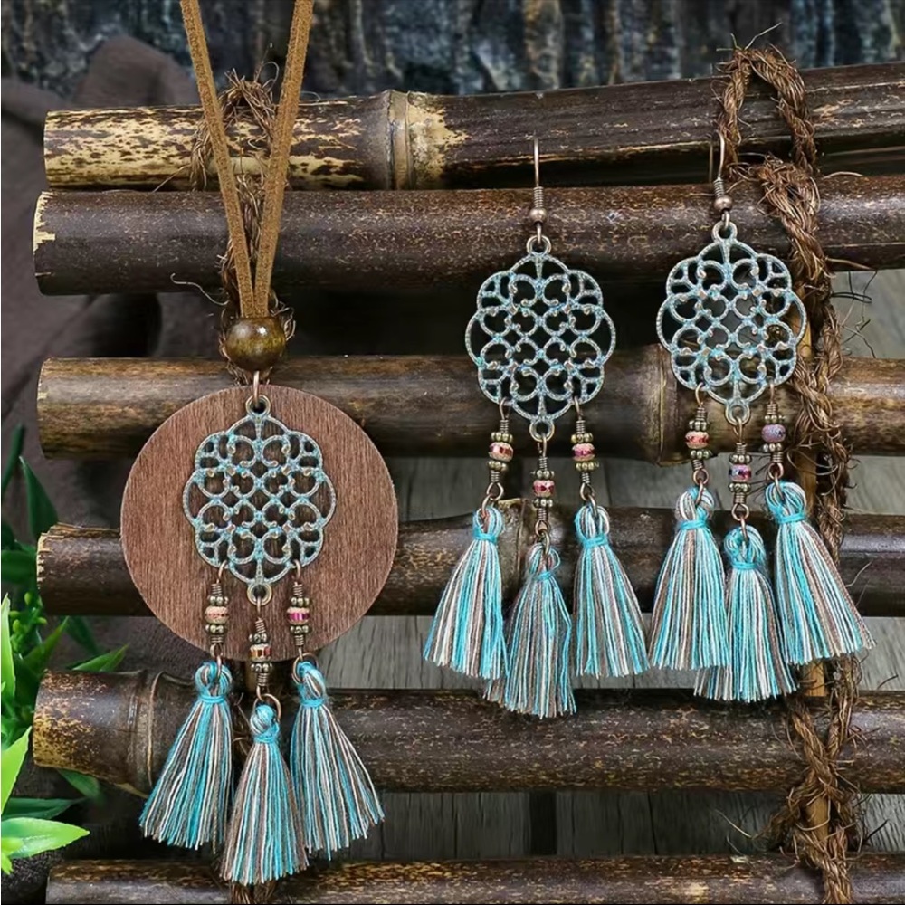Boho Zinc‎ Alloy Wood Retro Design Tribal Necklace & Earrings Set